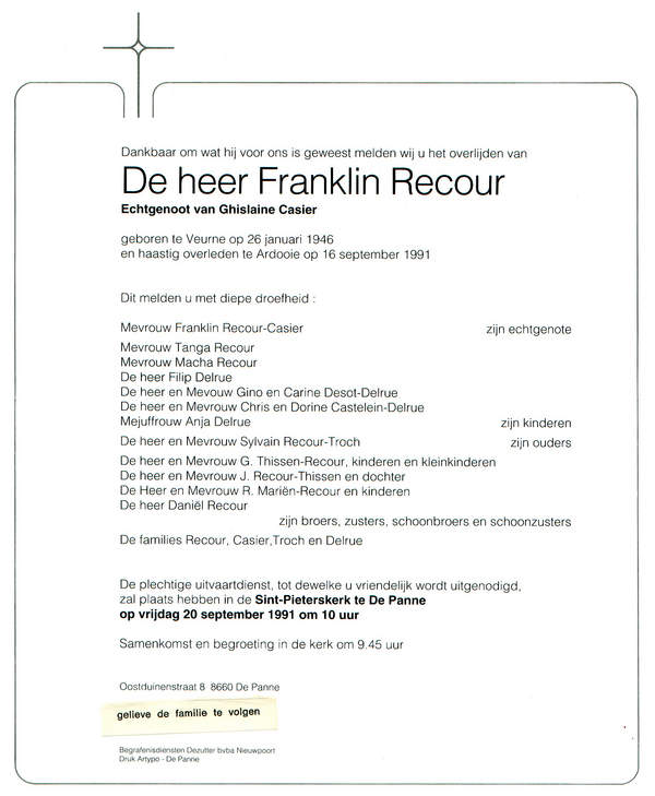 Overlijdensbrief Franklin Recour